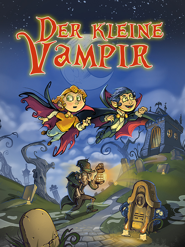 Plakat: zwei Vampire fliegen um eine Burg